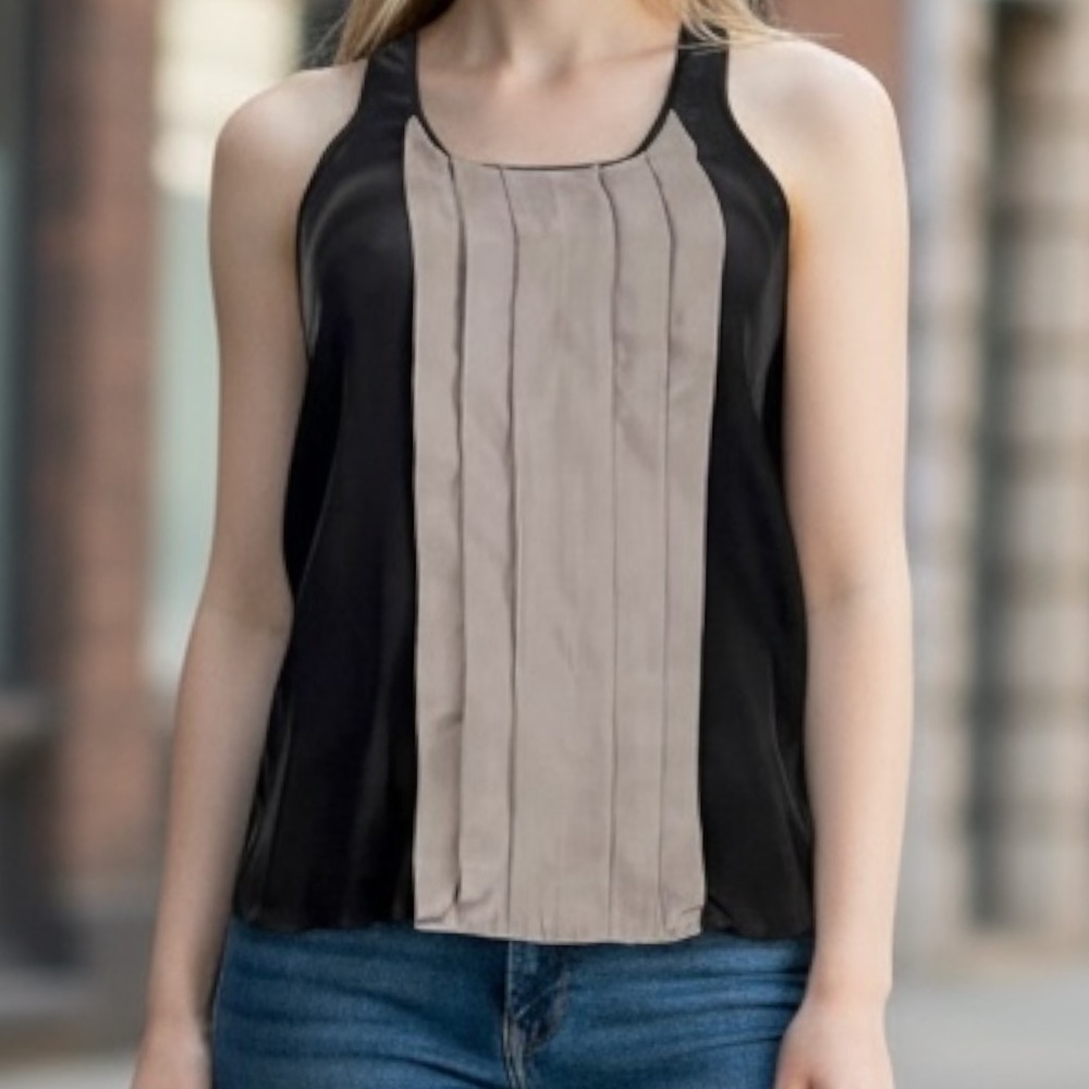 Anthropologie Bellatrix 100% Silk sleeveless tuxedo blouse Black + Grey SZ XS
